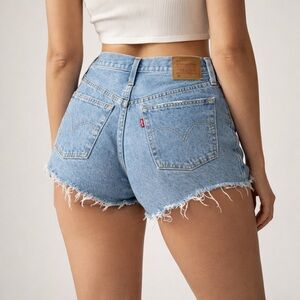 Levi’s 501 Premium Denim High Rise Distressed Hem Light Washed Jean Shorts.